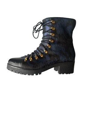 Diavolezza Italy Camo Calf Hair Lace-Up Combat Boots | Navy & Black, EU Size 39